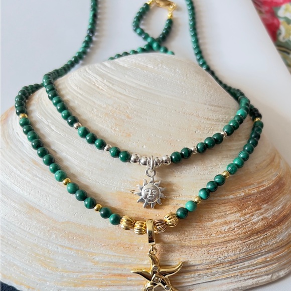 Jewelry - Malachite Natural Stone. Sterling Silver. Beaded Necklace. Gold and Silver